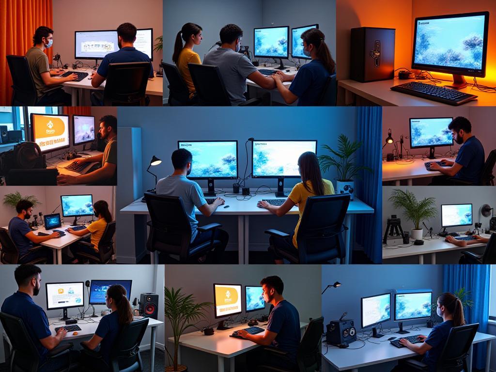 Collage of MapleArcade office and game testing stations