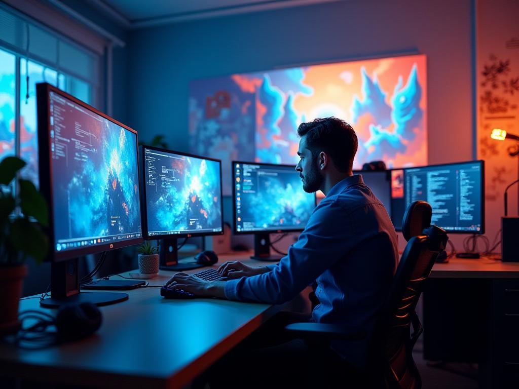 Developers collaborating in MapleArcade studio surrounded by game art